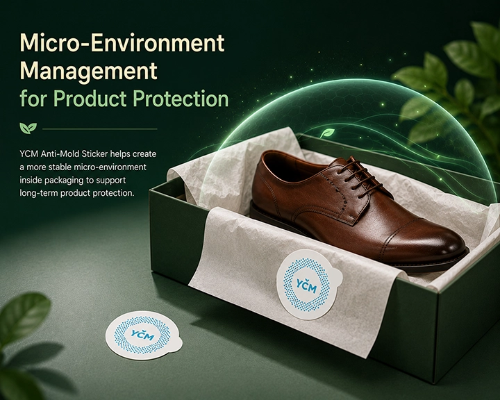 YCM anti-mold sticker supporting micro-environment management inside shoe packaging