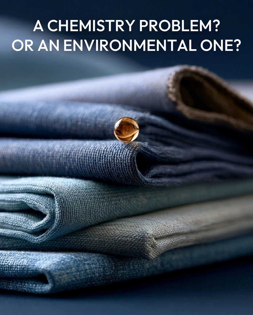 Close-up of folded blue fabric with a suspended droplet above the textile, introducing the question of whether mold prevention is only a chemistry problem or also an environmental one.
