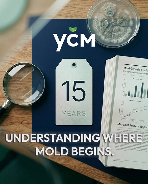 Research desk with reports, a magnifying glass, a petri dish, and a card marked “15,” representing YCM’s long-term study of mold risk conditions.