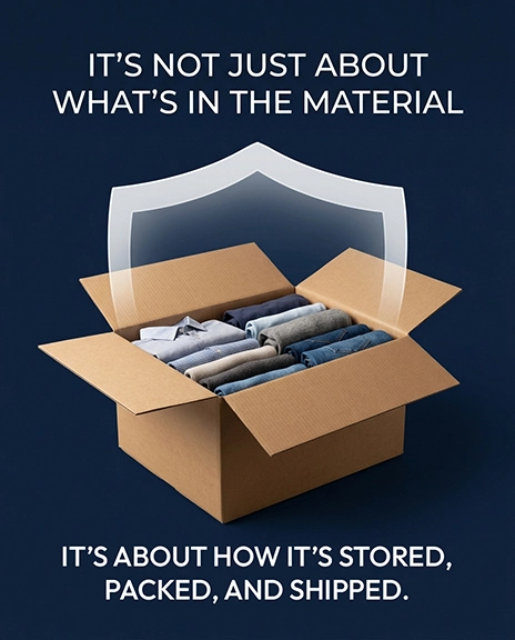 Open cardboard box filled with folded garments under a protective shield, illustrating how mold prevention can include the conditions around products during storage, packaging, and shipping.