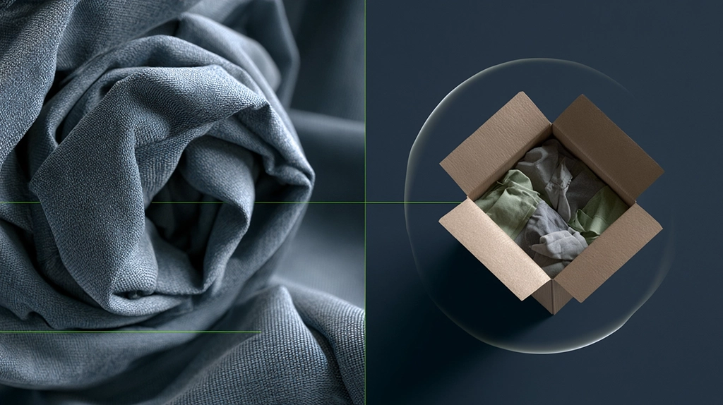 Wide banner showing technical textile fabric and an open packaging box with garments, illustrating the shift from material treatment to space protection in mold prevention.