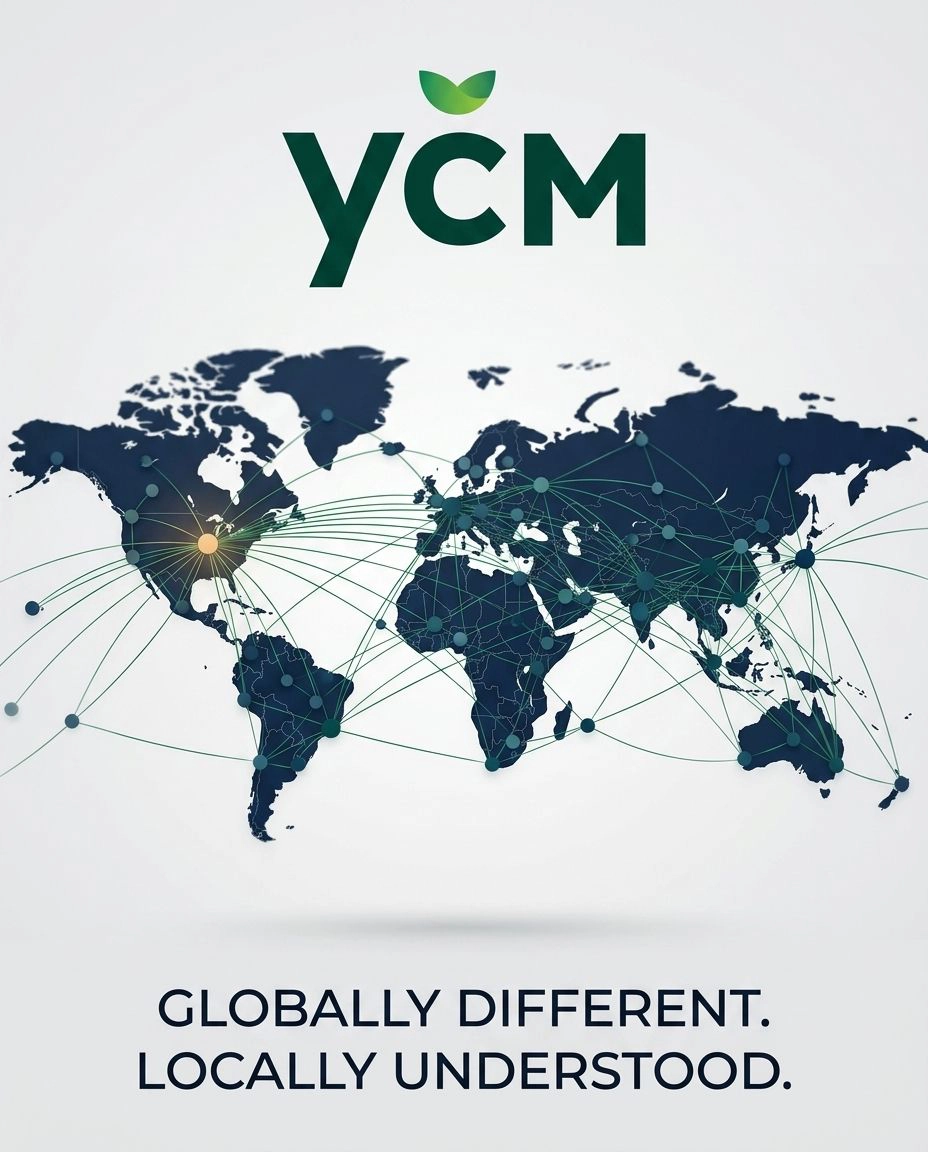 YCM logo displayed above a world map with connected global network lines and a highlighted point in the United States, representing YCM’s mold prevention expertise reaching the U.S. market through GreenX.