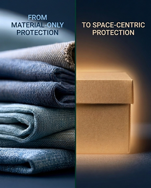 Split image showing folded fabric and a protected packaging box, illustrating the shift from material-only protection to space-centric mold prevention.