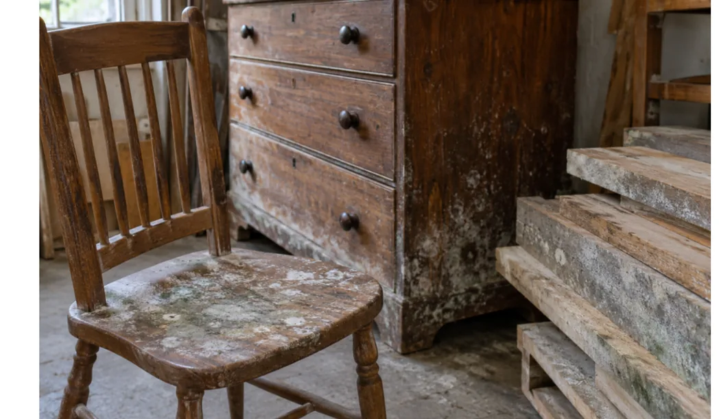 An old wooden chest of drawers and a wooden chair.