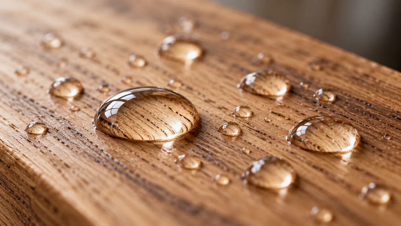 Close-up of water droplets beading on a wood grain surface.