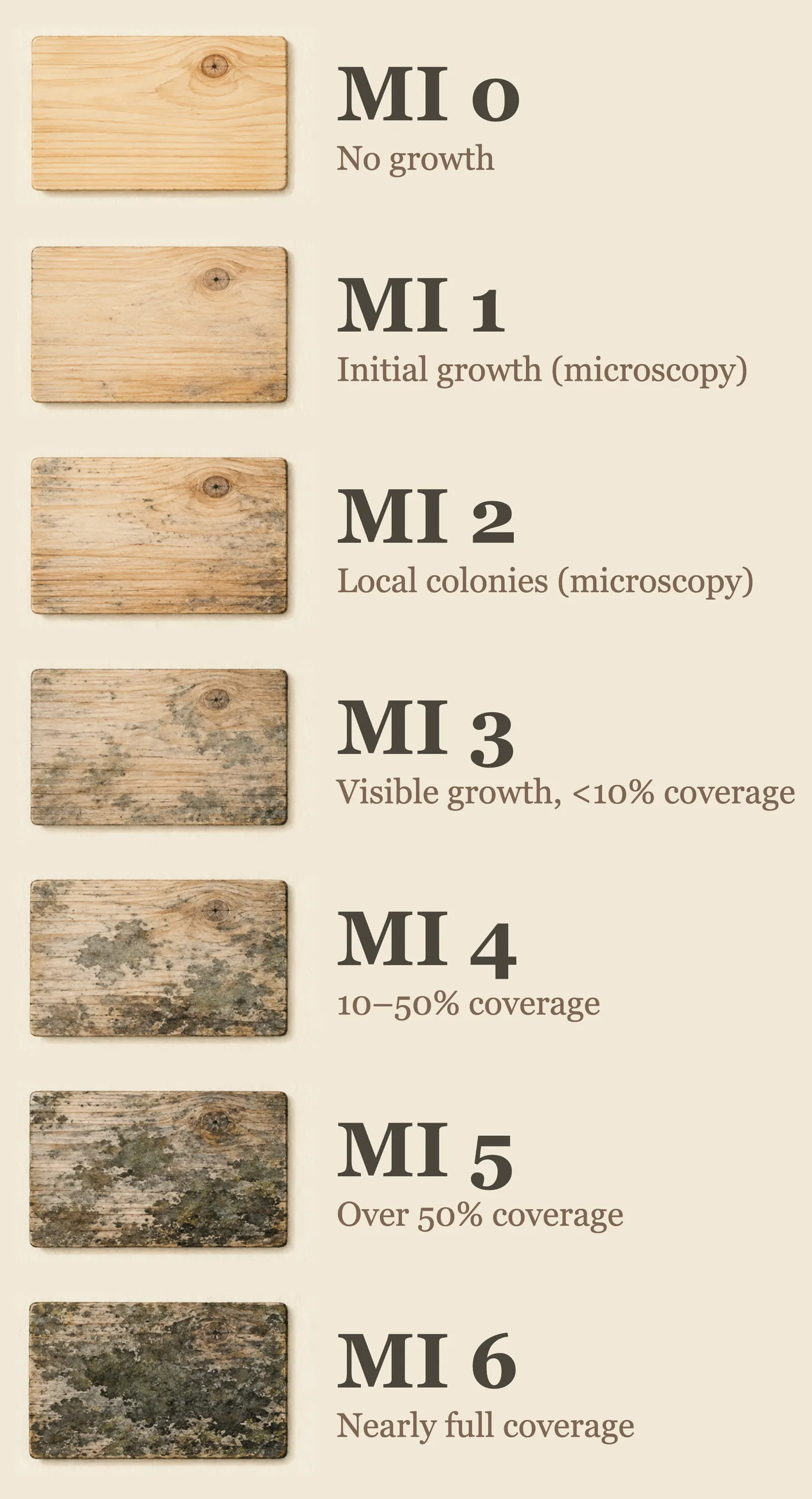 A vertical Mold Index scale from 0 to 6 showing wood samples with increasing mold coverage.
