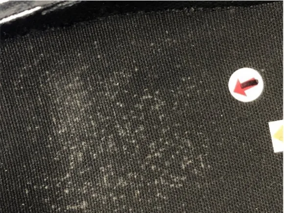 A dark textile shoe lining with scattered white powdery spots; a red arrow marks the sampled area.
