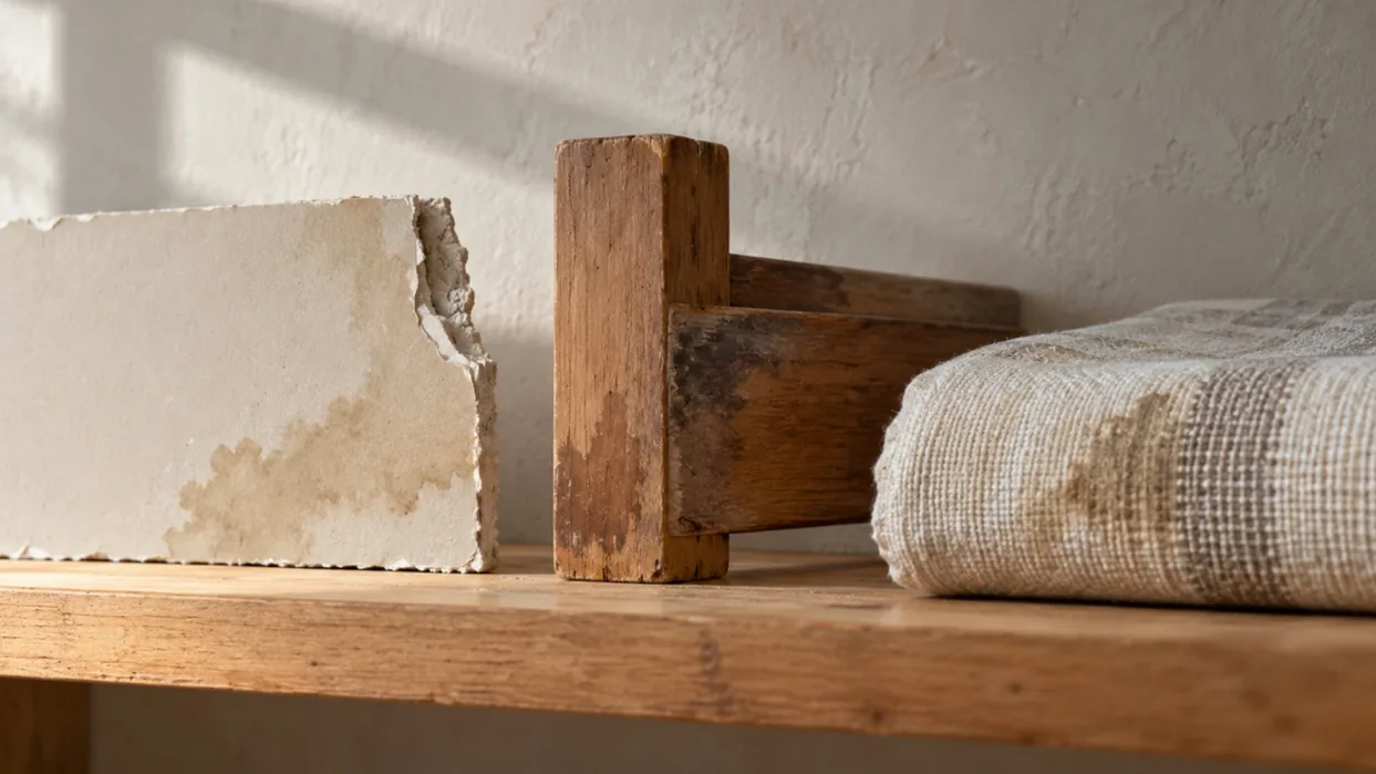 A water-stained gypsum board fragment, a wooden block and a folded textile on a wooden shelf.