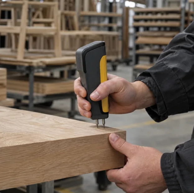 A hand-held pin moisture meter pressed against a wooden board.