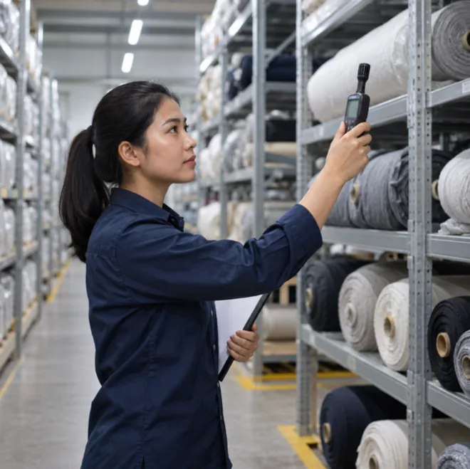 A warehouse worker holding an instrument up to rolls of textile.